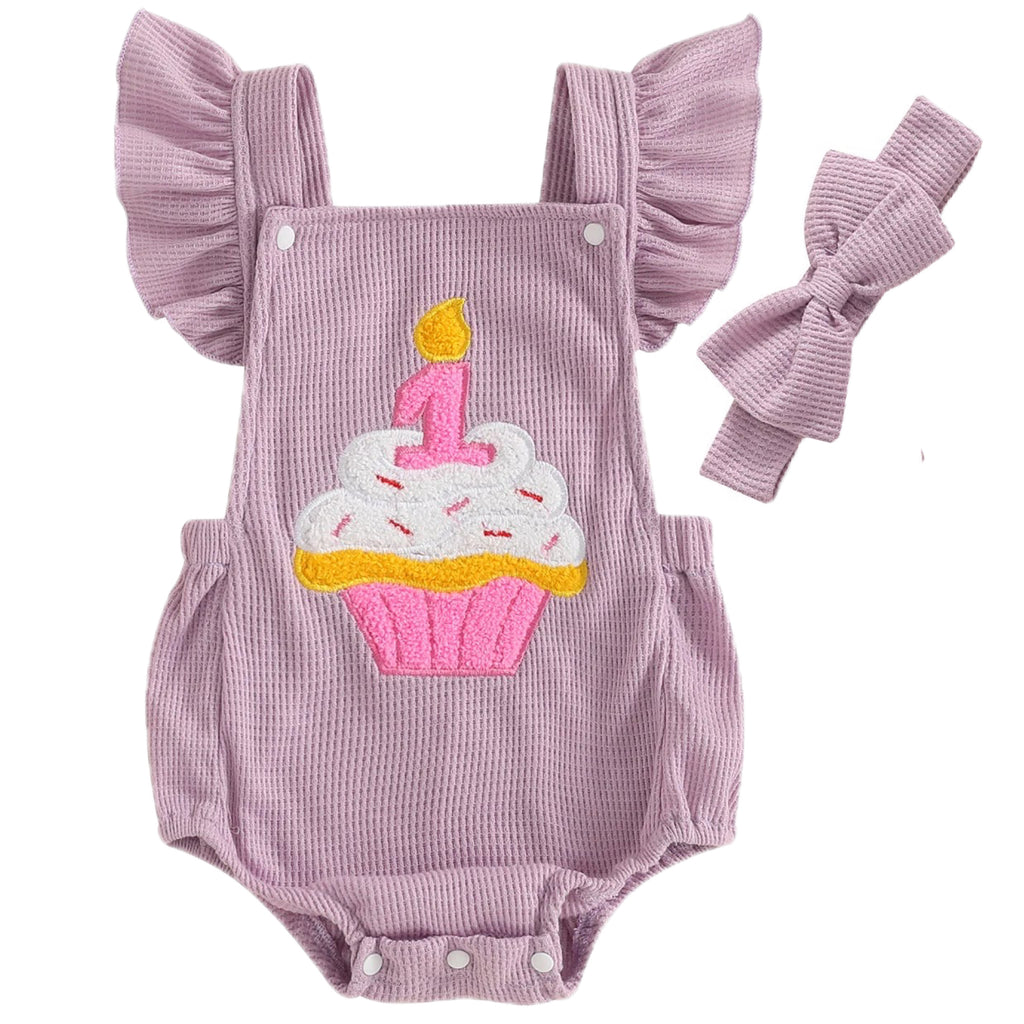 Purple waffle romper and matching bow headband