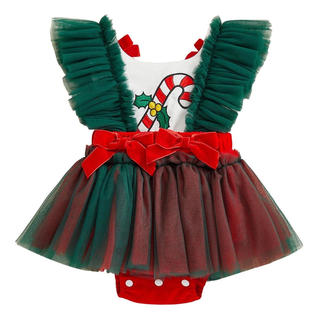 Baby girl Christmas romper with red and green tulle skirt