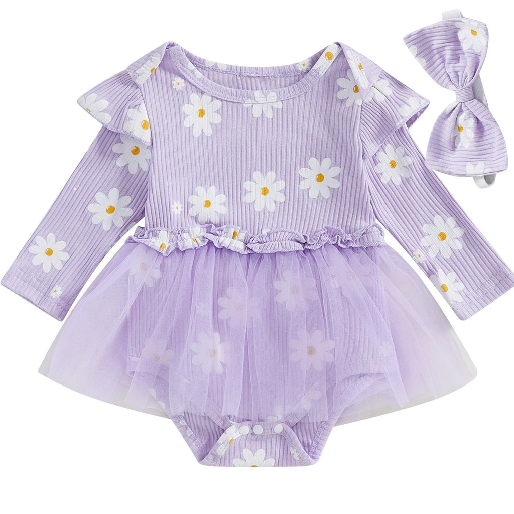 Purple baby romper with daisy print and tutu skirt