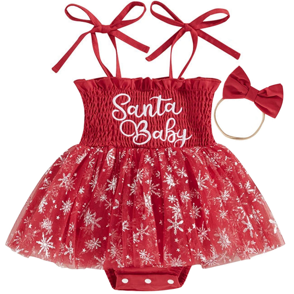 Santa Baby Christmas romper with red tulle skirt