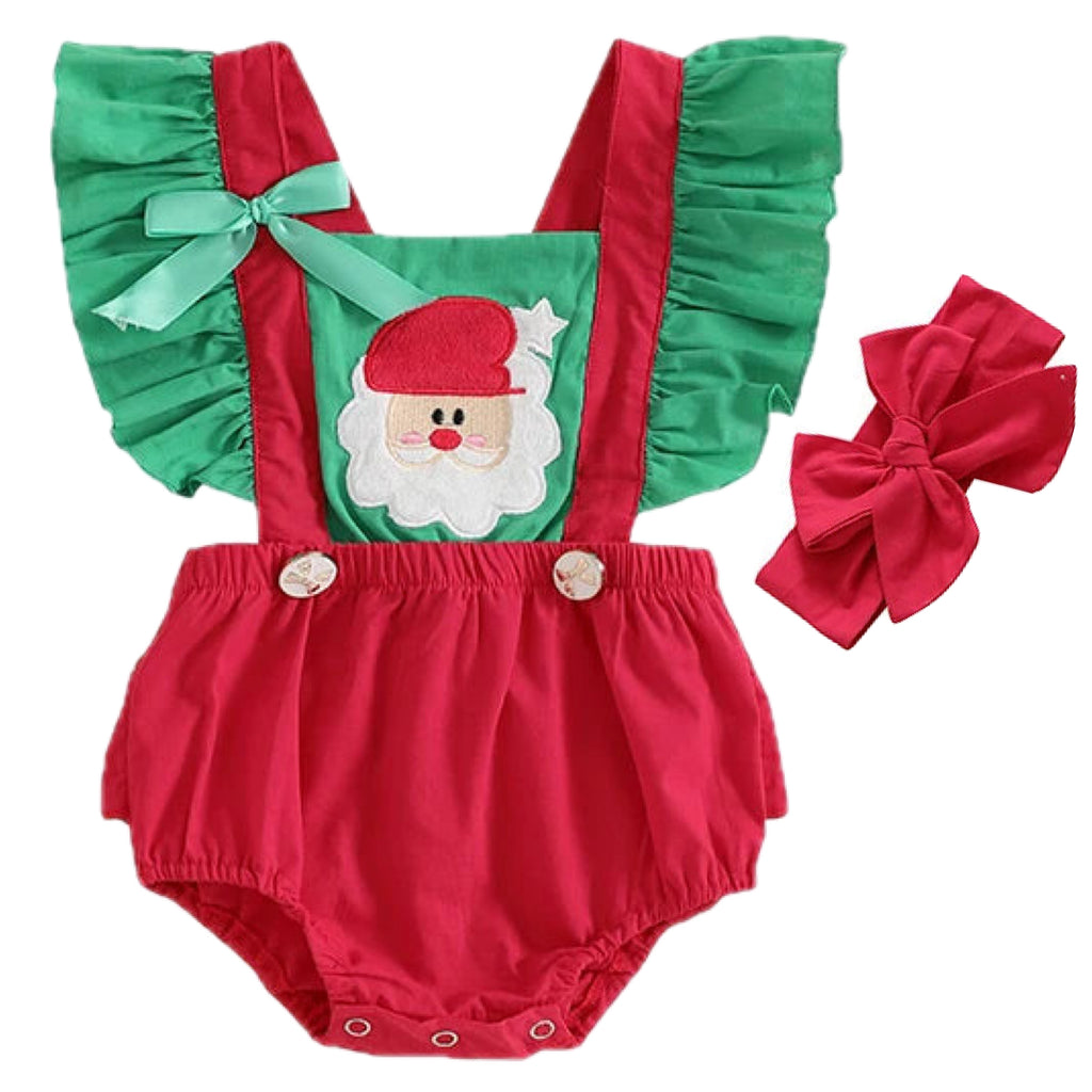 Baby girl red Santa Christmas romper with green flutter sleeves