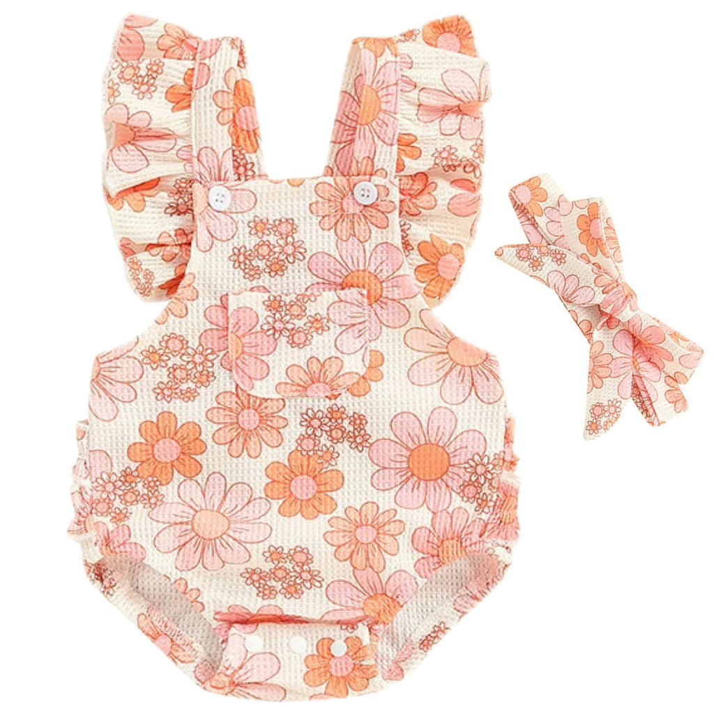 Cream floral baby girl romper with flutter sleeves