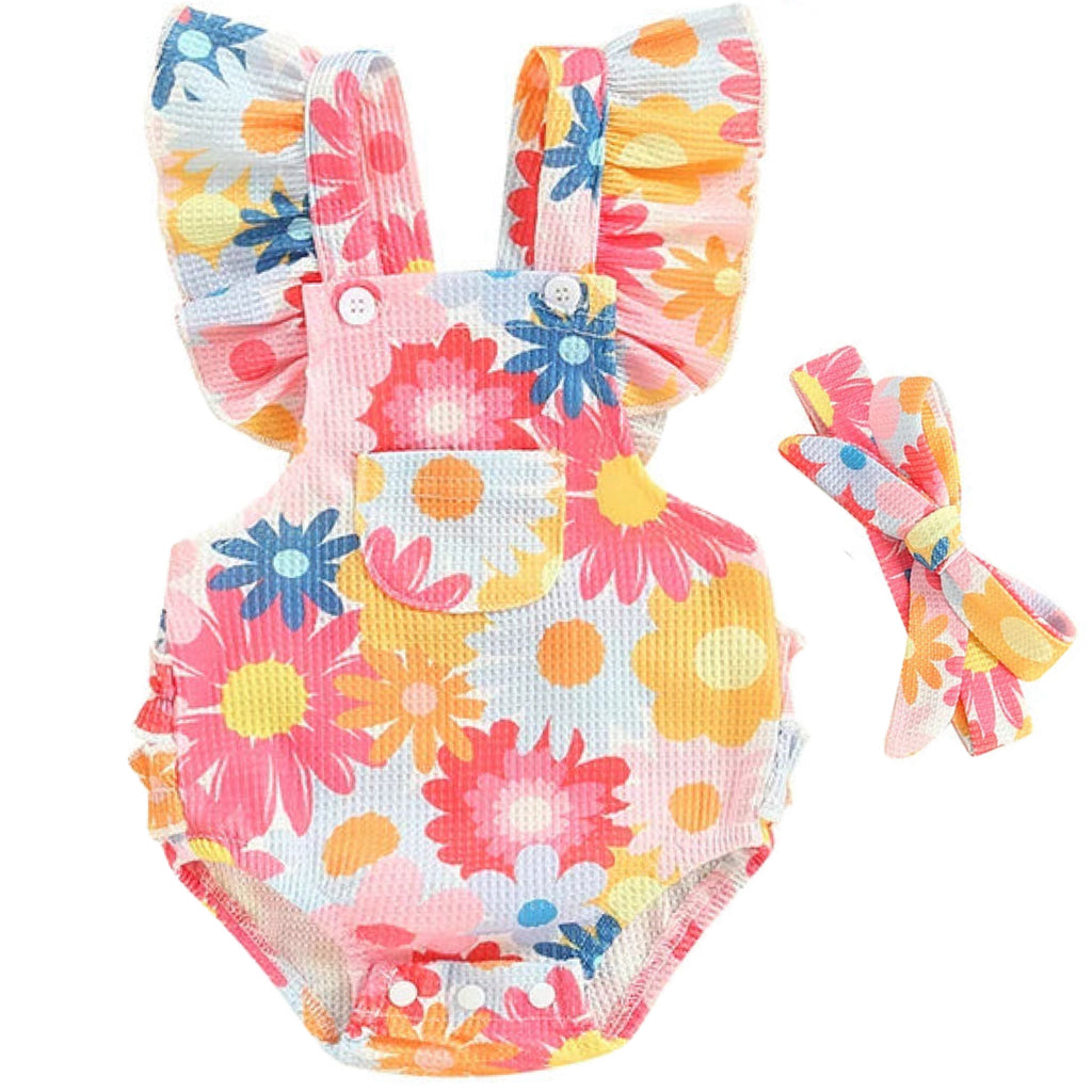 Pink floral baby girl romper with flutter sleeves