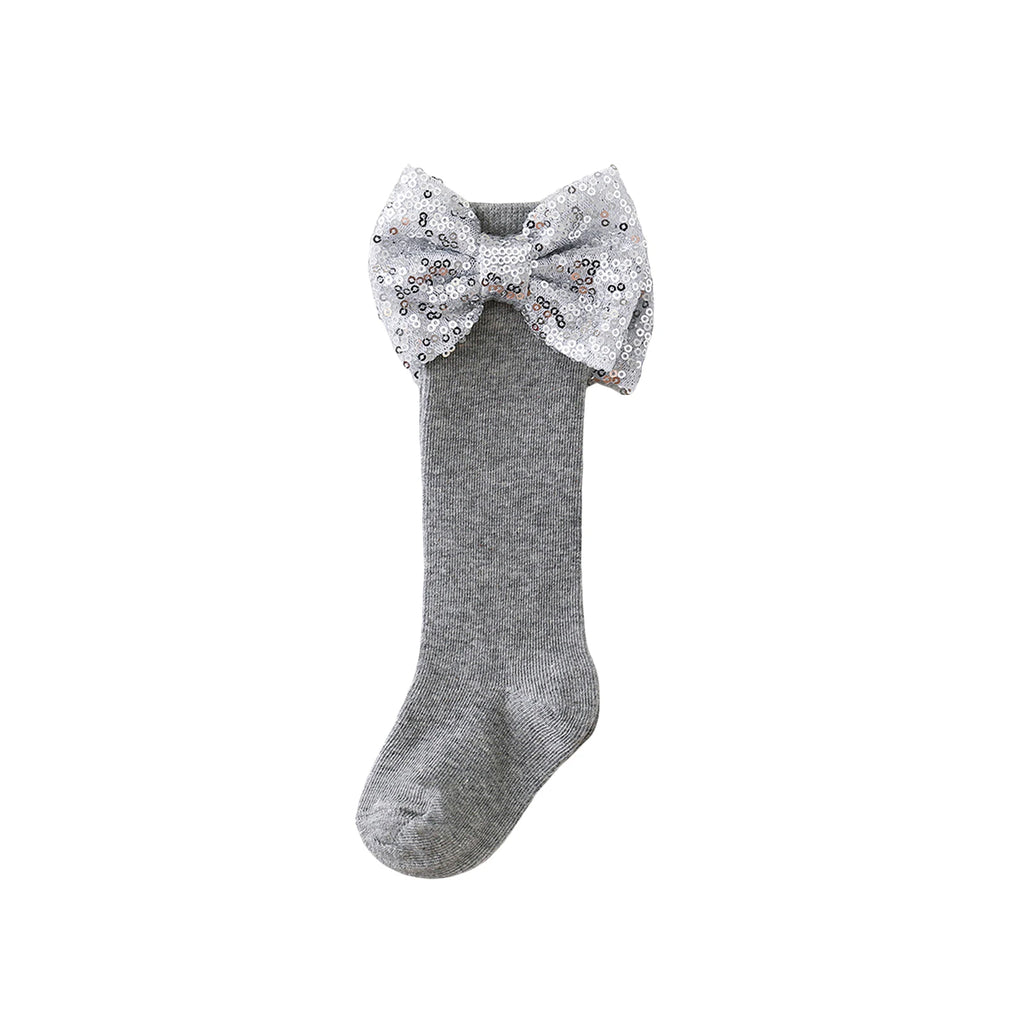 Silver bow festive socks for toddler girls