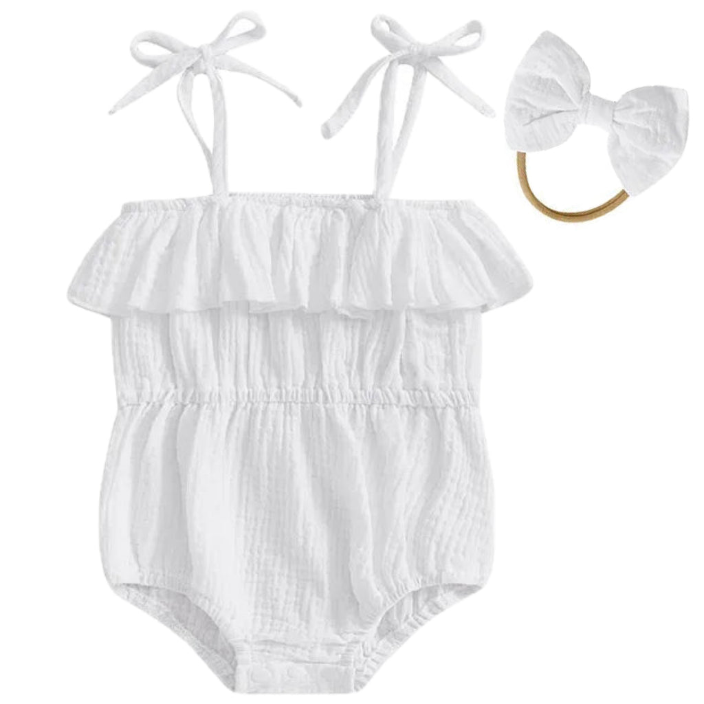 White baby romper with frilly tie straps