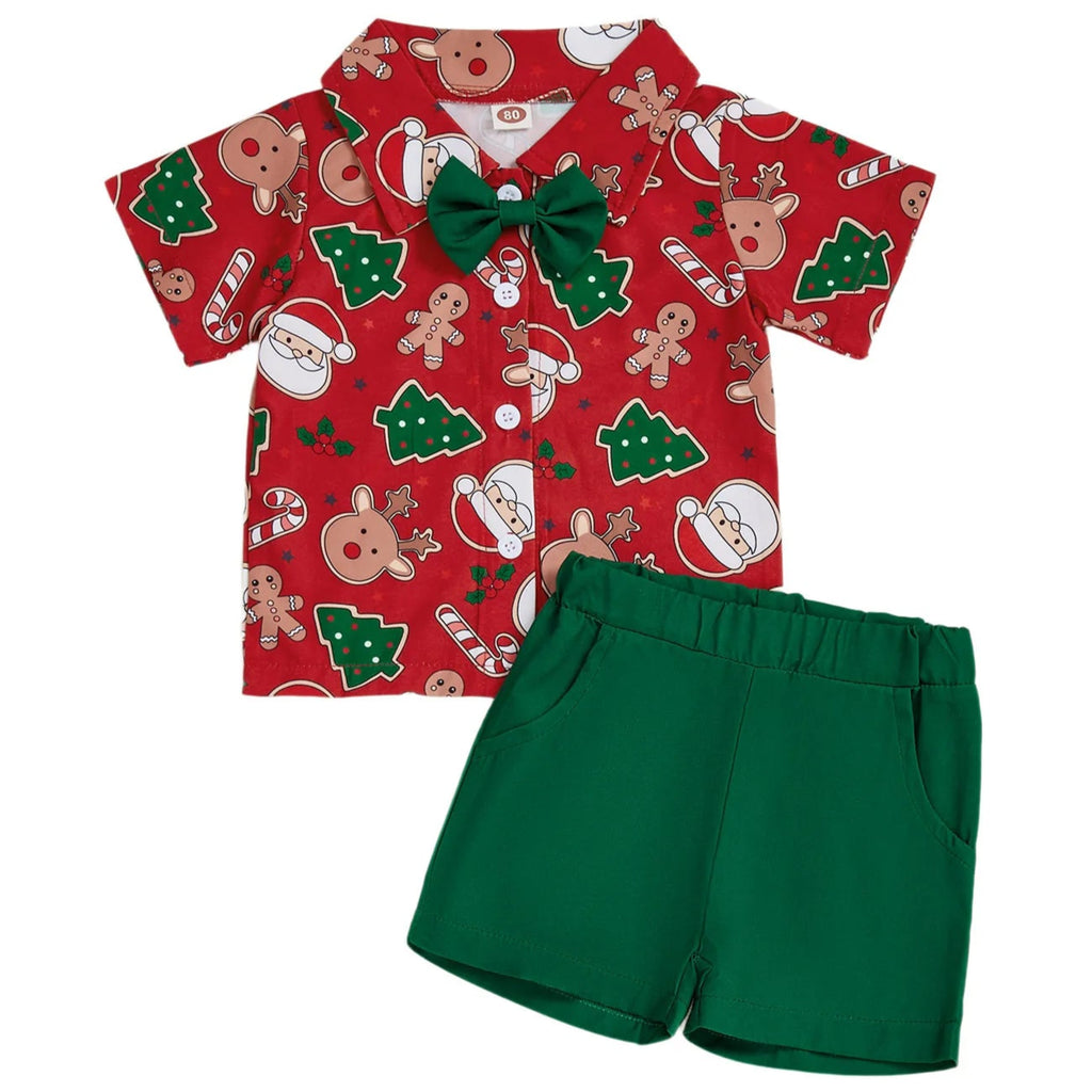Baby boy red Christmas shirt with green shorts and bowtie
